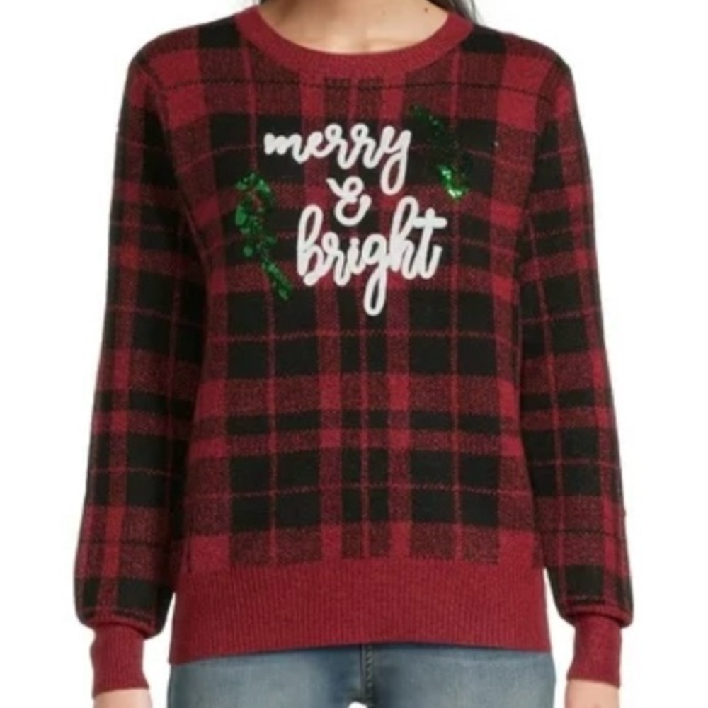 Merry & Bright Christmas Sweater Red Buffalo Plaid Women’s XL NWT